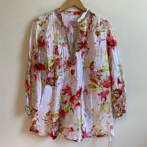 120% Lino Long Sleeved Floral Beaded Linen Top Large